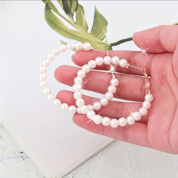 Large Pearl Hoop Earrings, NWT - Picture 2 of 4